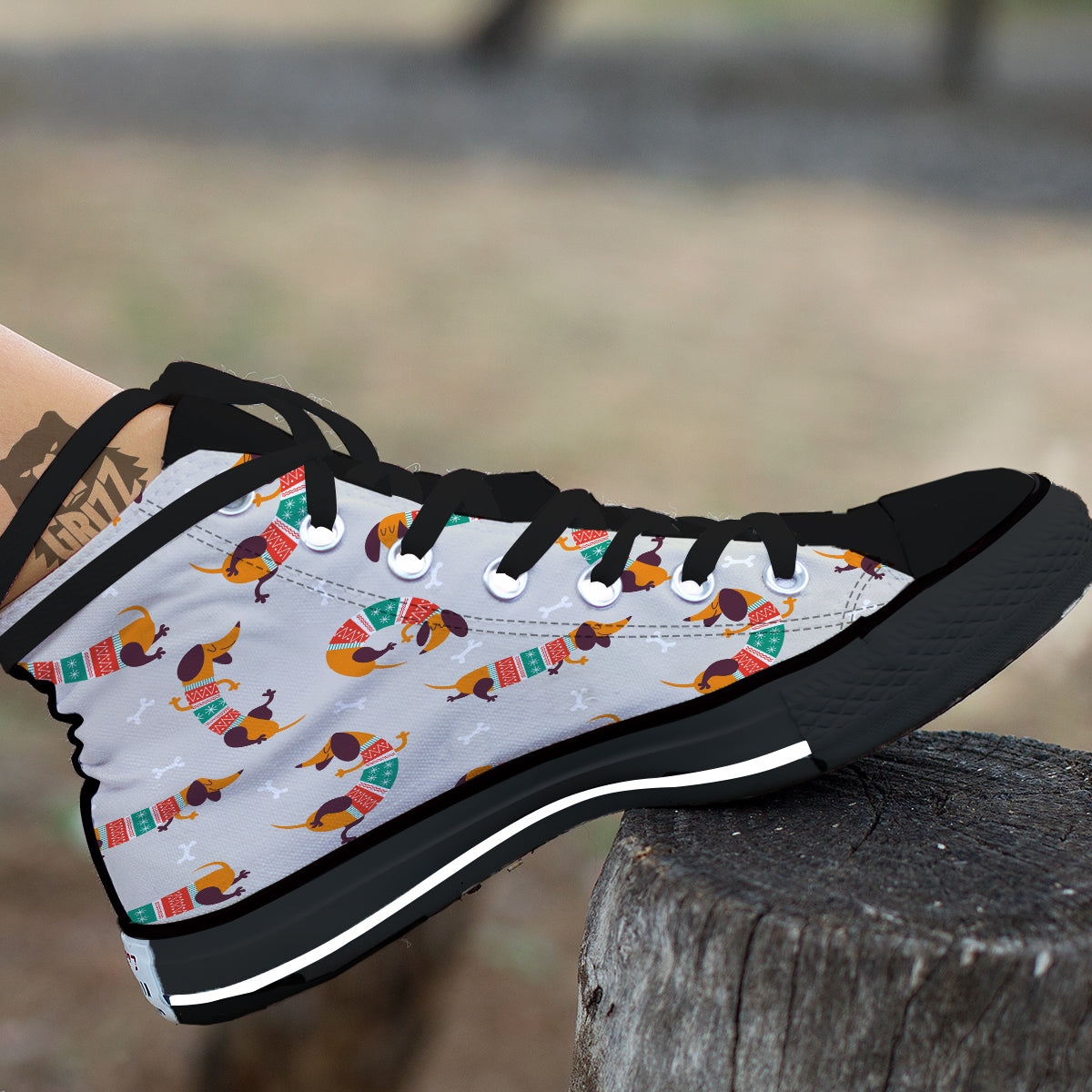 Dachshund Xmas Print Pattern Black High Top Shoes-grizzshop
