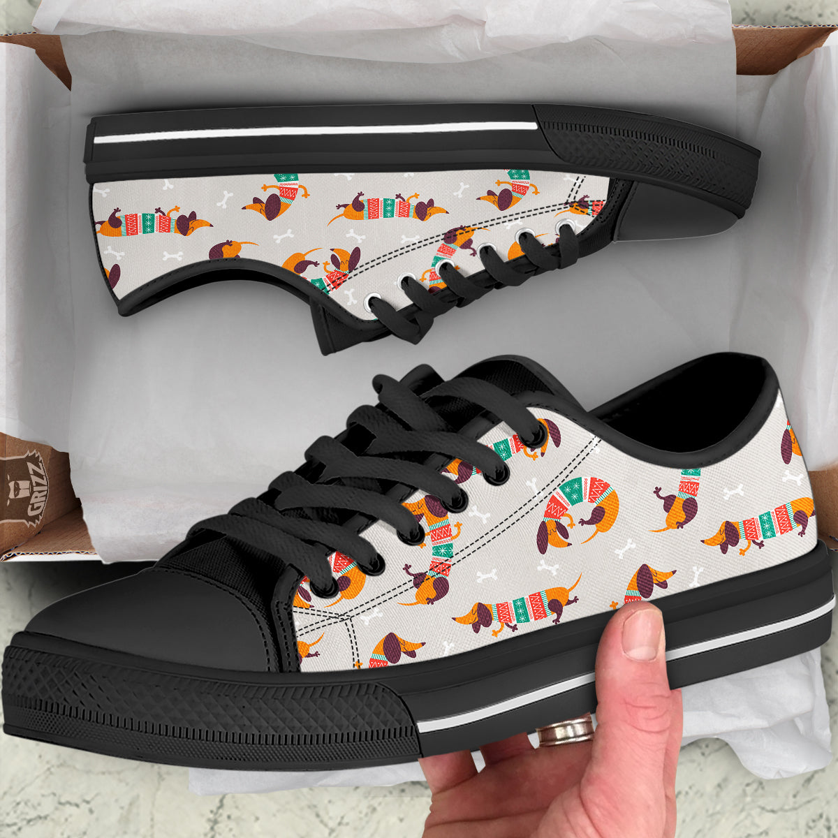 Dachshund Xmas Print Pattern Black Low Top Shoes-grizzshop