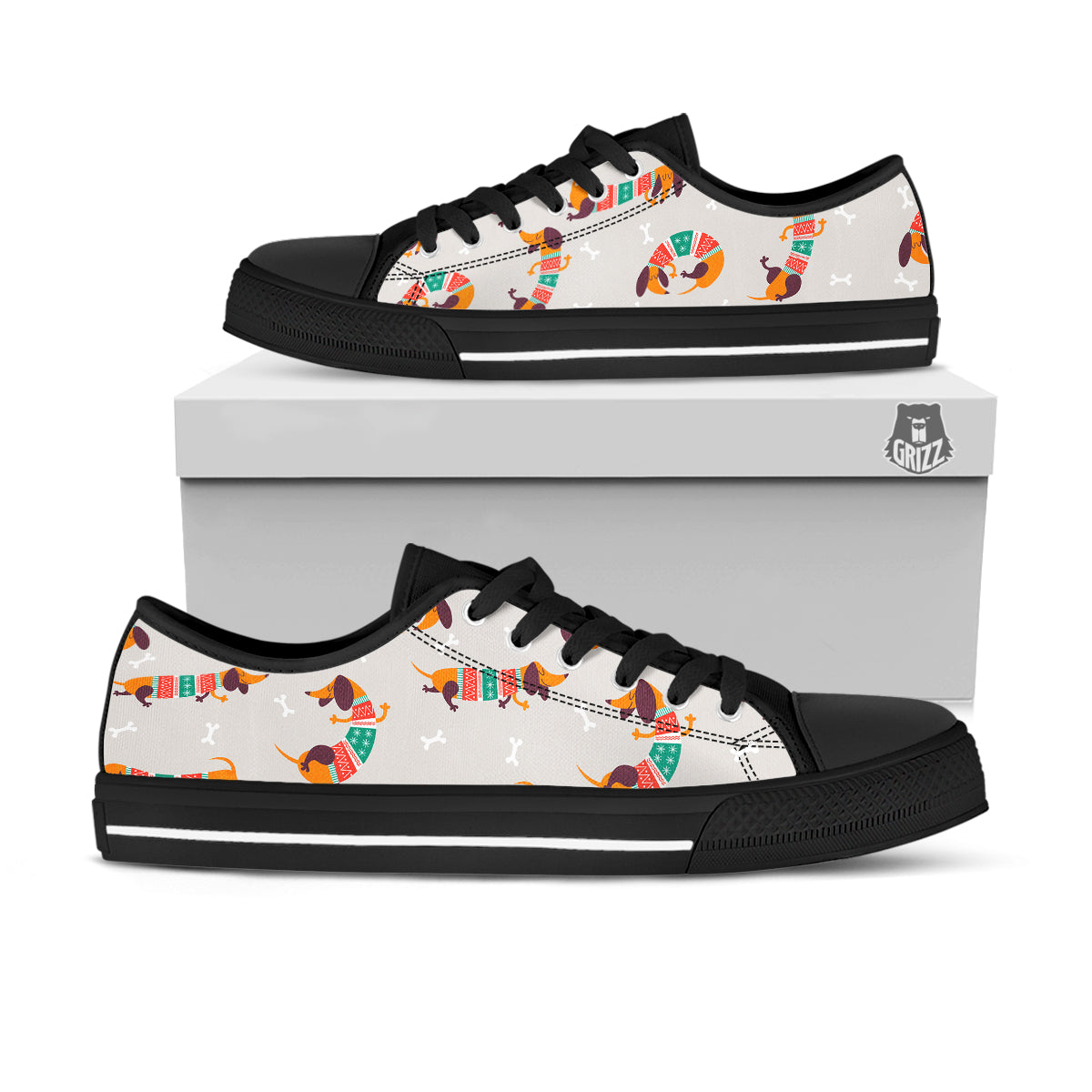 Dachshund Xmas Print Pattern Black Low Top Shoes-grizzshop