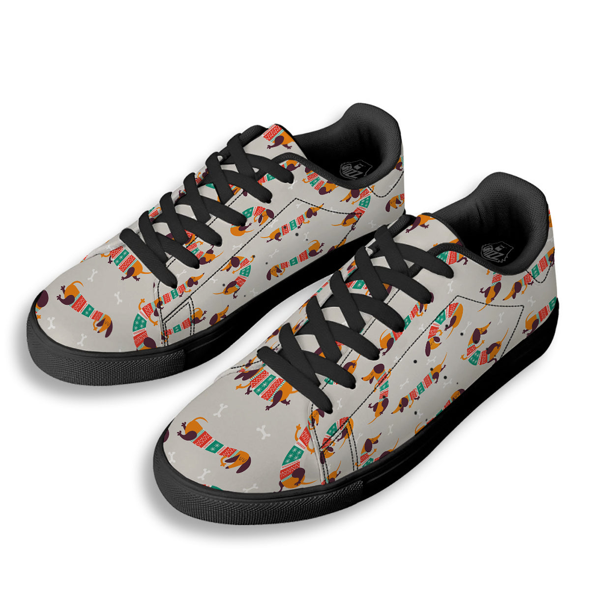 Dachshund Xmas Print Pattern Black Low Top Sneakers-grizzshop