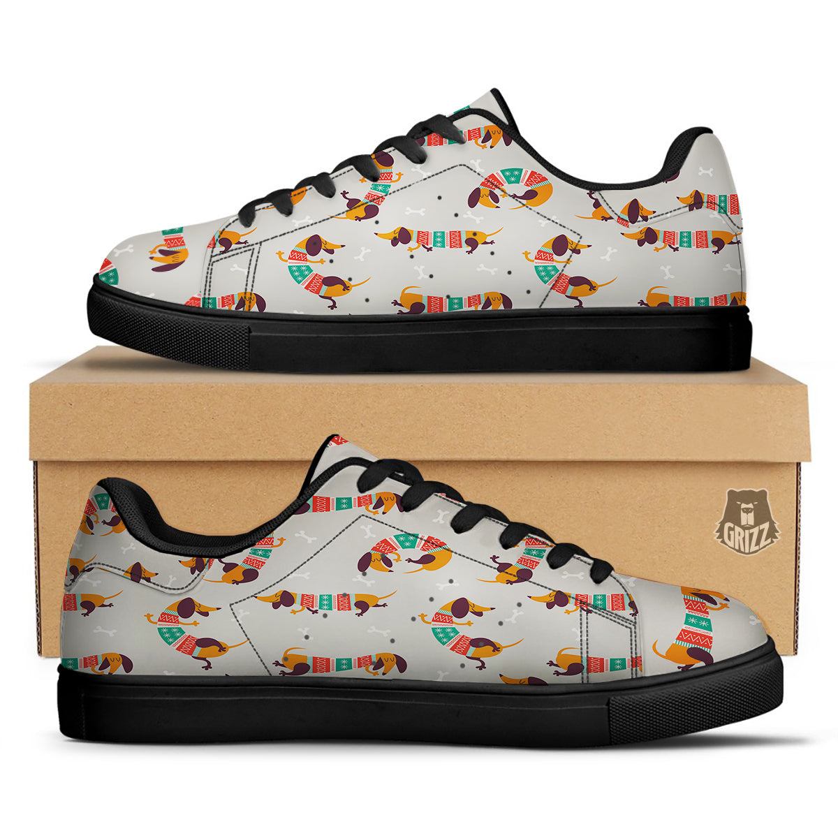 Dachshund Xmas Print Pattern Black Low Top Sneakers-grizzshop