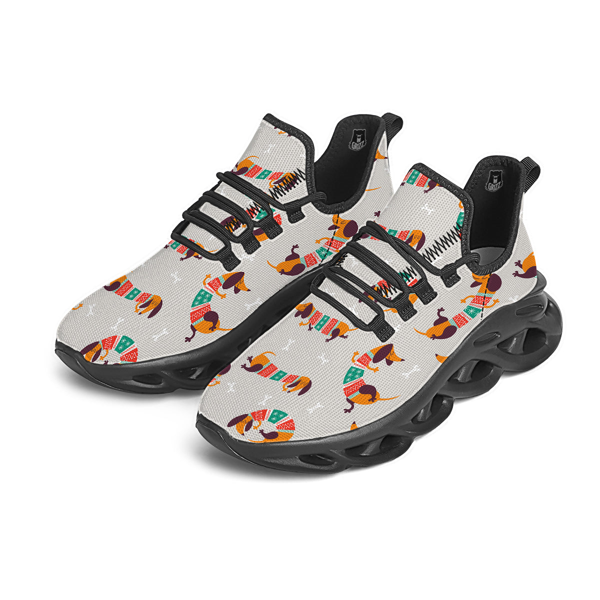 Dachshund Xmas Print Pattern Black Running Shoes-grizzshop