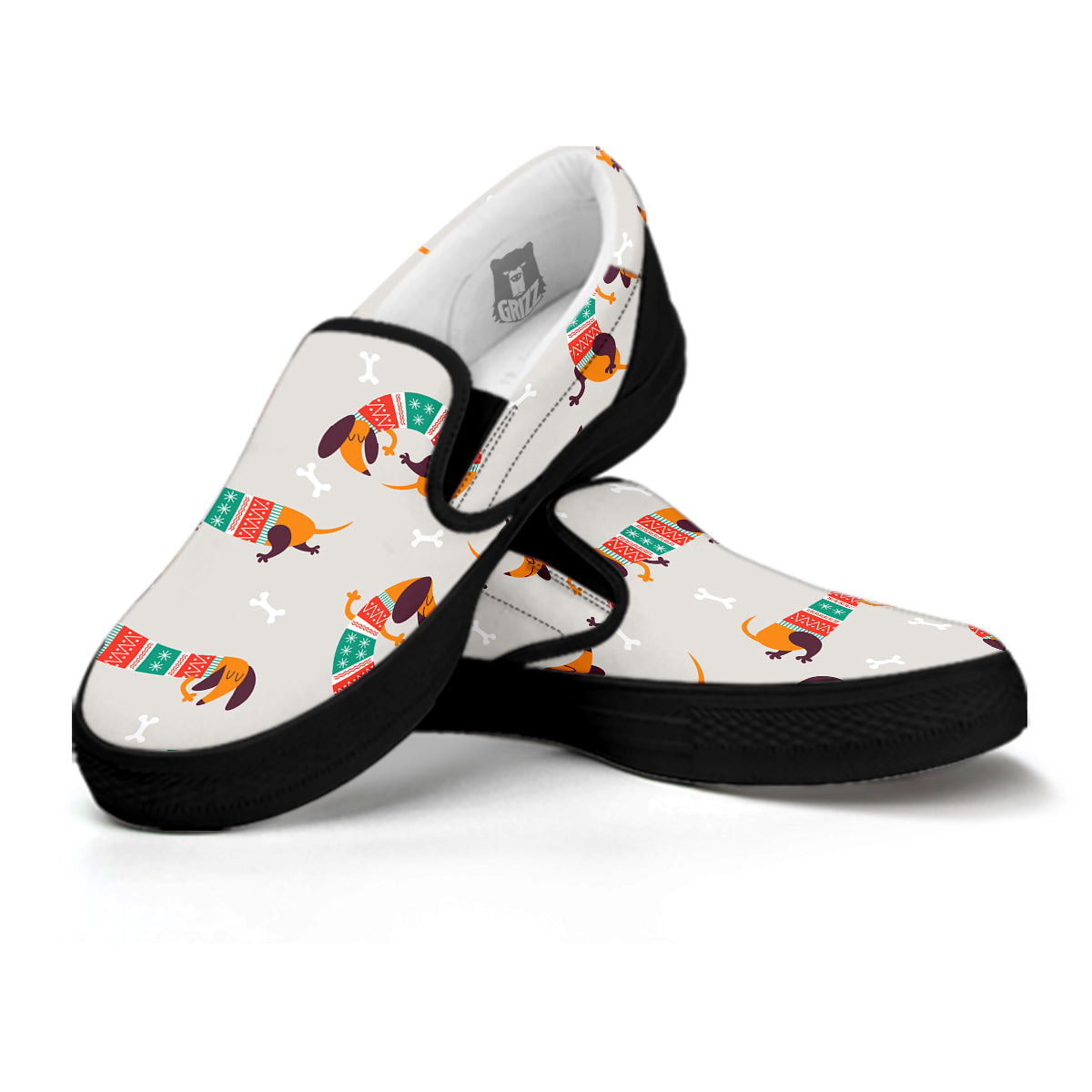 Dachshund Xmas Print Pattern Black Slip On Shoes-grizzshop