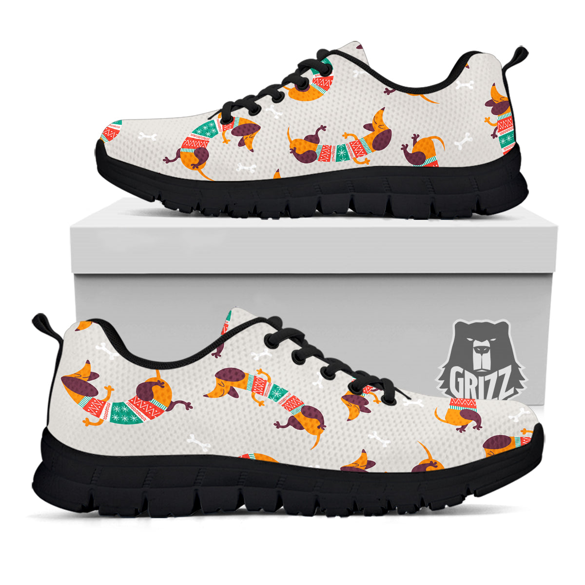 Dachshund Xmas Print Pattern Black Sneaker-grizzshop