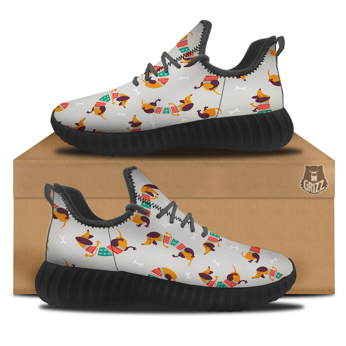 Dachshund Xmas Print Pattern Black Walking Shoes-grizzshop