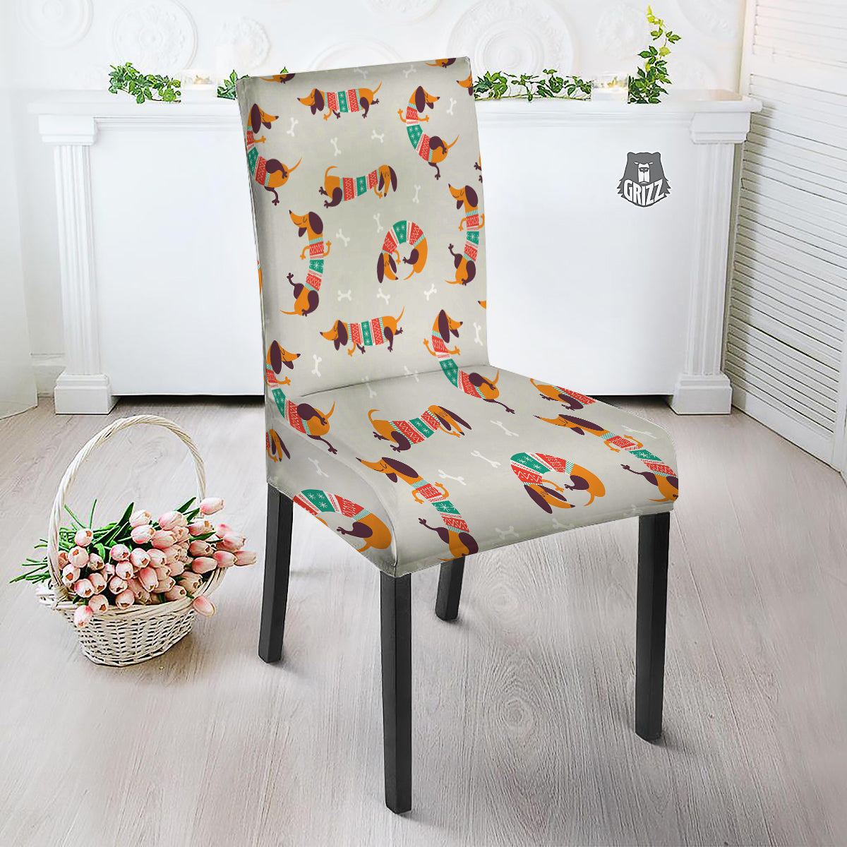 Dachshund Xmas Print Pattern Dining Chair Slipcover-grizzshop