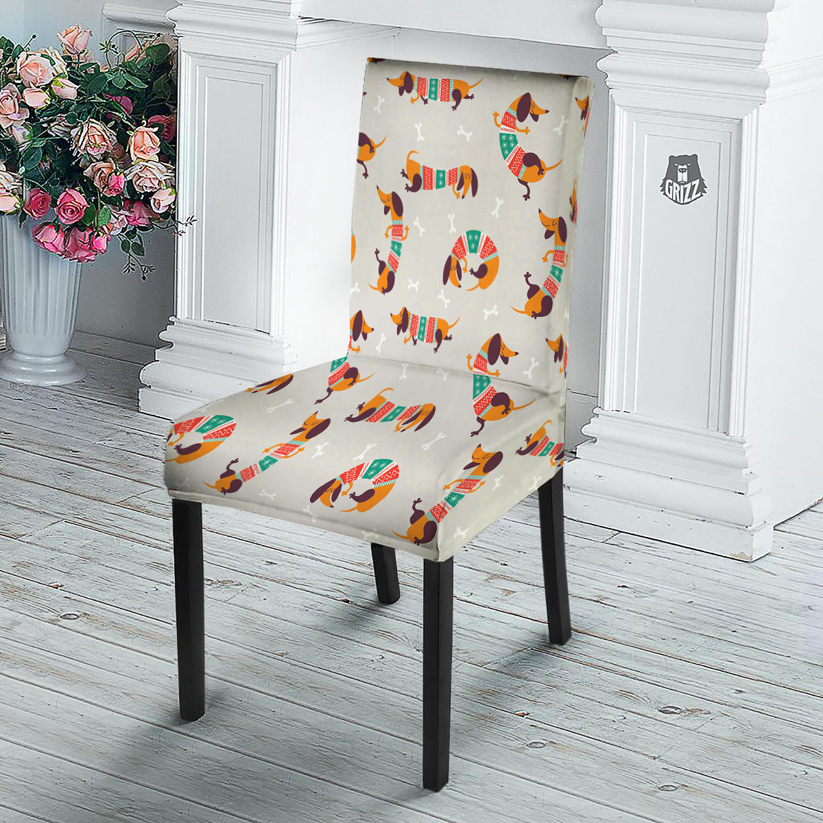 Dachshund Xmas Print Pattern Dining Chair Slipcover-grizzshop