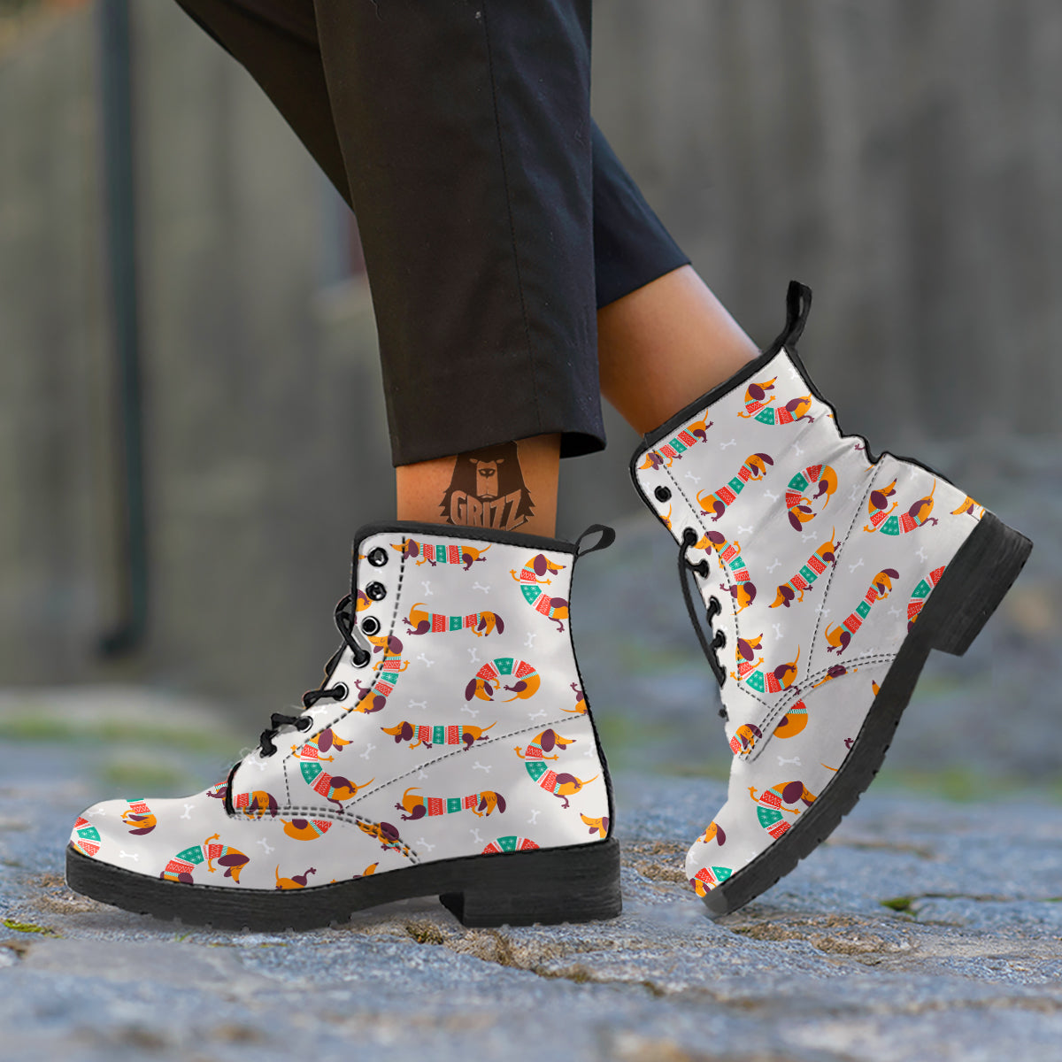 Dachshund Xmas Print Pattern Leather Boots-grizzshop