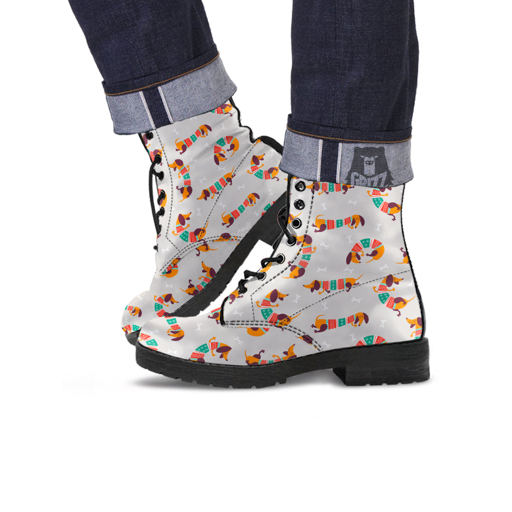 Dachshund Xmas Print Pattern Leather Boots-grizzshop