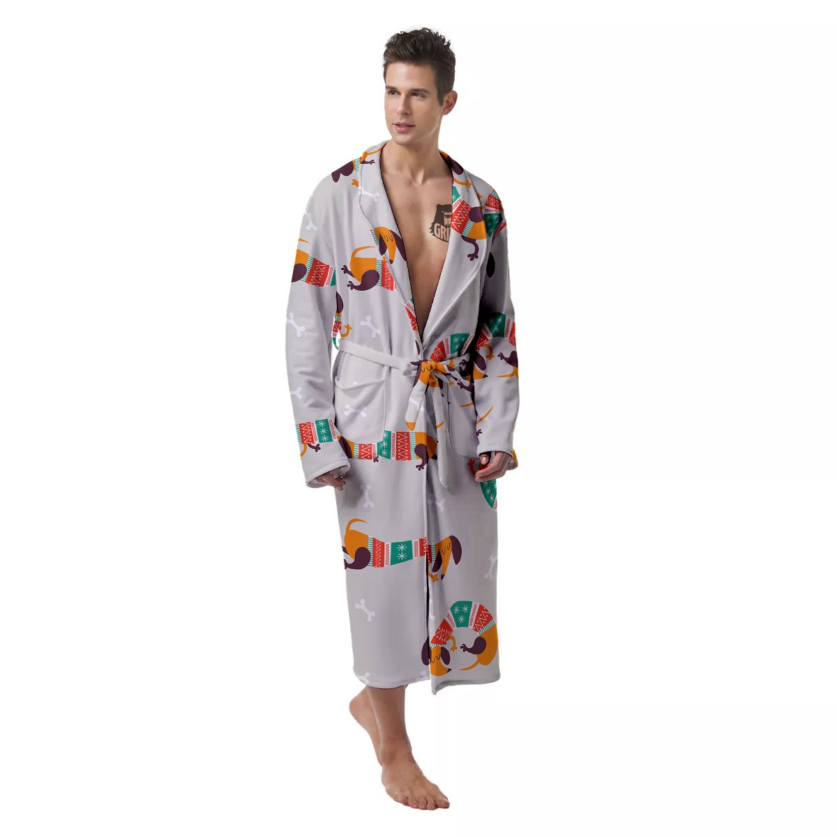 Dachshund Xmas Print Pattern Men's Robe-grizzshop