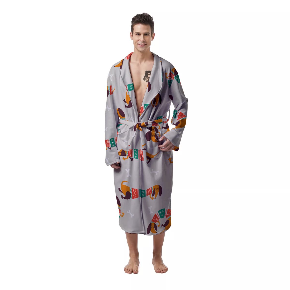Dachshund Xmas Print Pattern Men's Robe-grizzshop