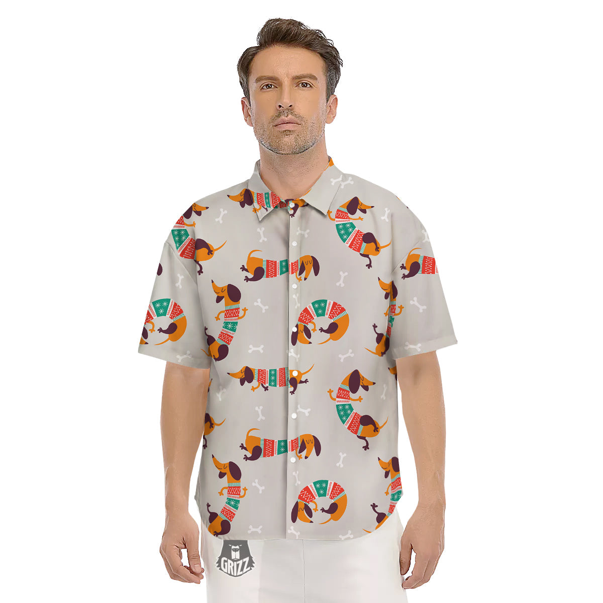 Dachshund Xmas Print Pattern Men's Short Sleeve Shirts-grizzshop