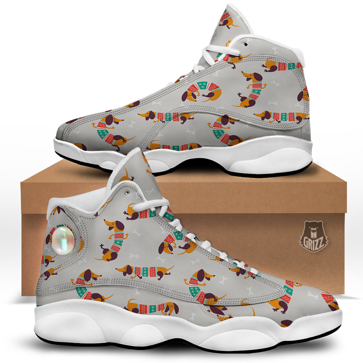 Dachshund Xmas Print Pattern White Basketball Shoes-grizzshop
