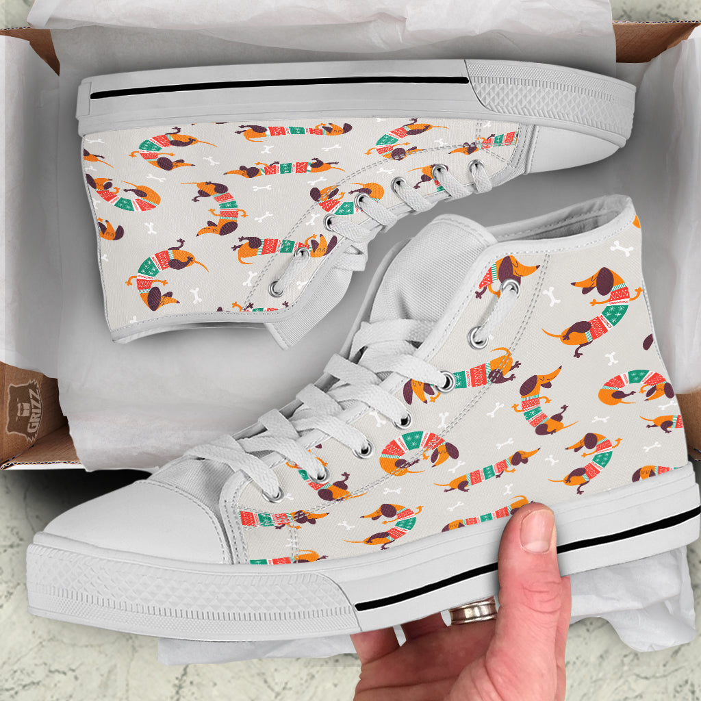 Dachshund Xmas Print Pattern White High Top Shoes-grizzshop