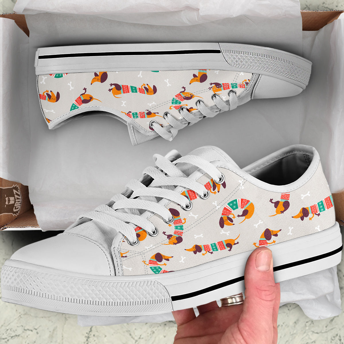 Dachshund Xmas Print Pattern White Low Top Shoes-grizzshop