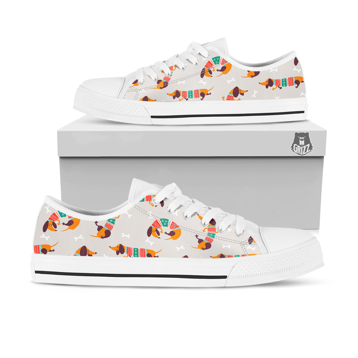 Dachshund Xmas Print Pattern White Low Top Shoes-grizzshop