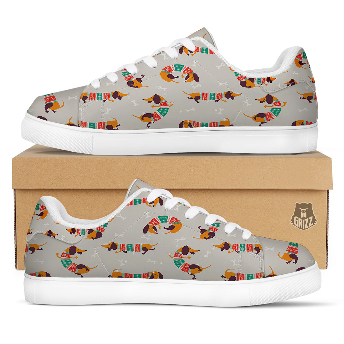 Dachshund Xmas Print Pattern White Low Top Sneakers-grizzshop