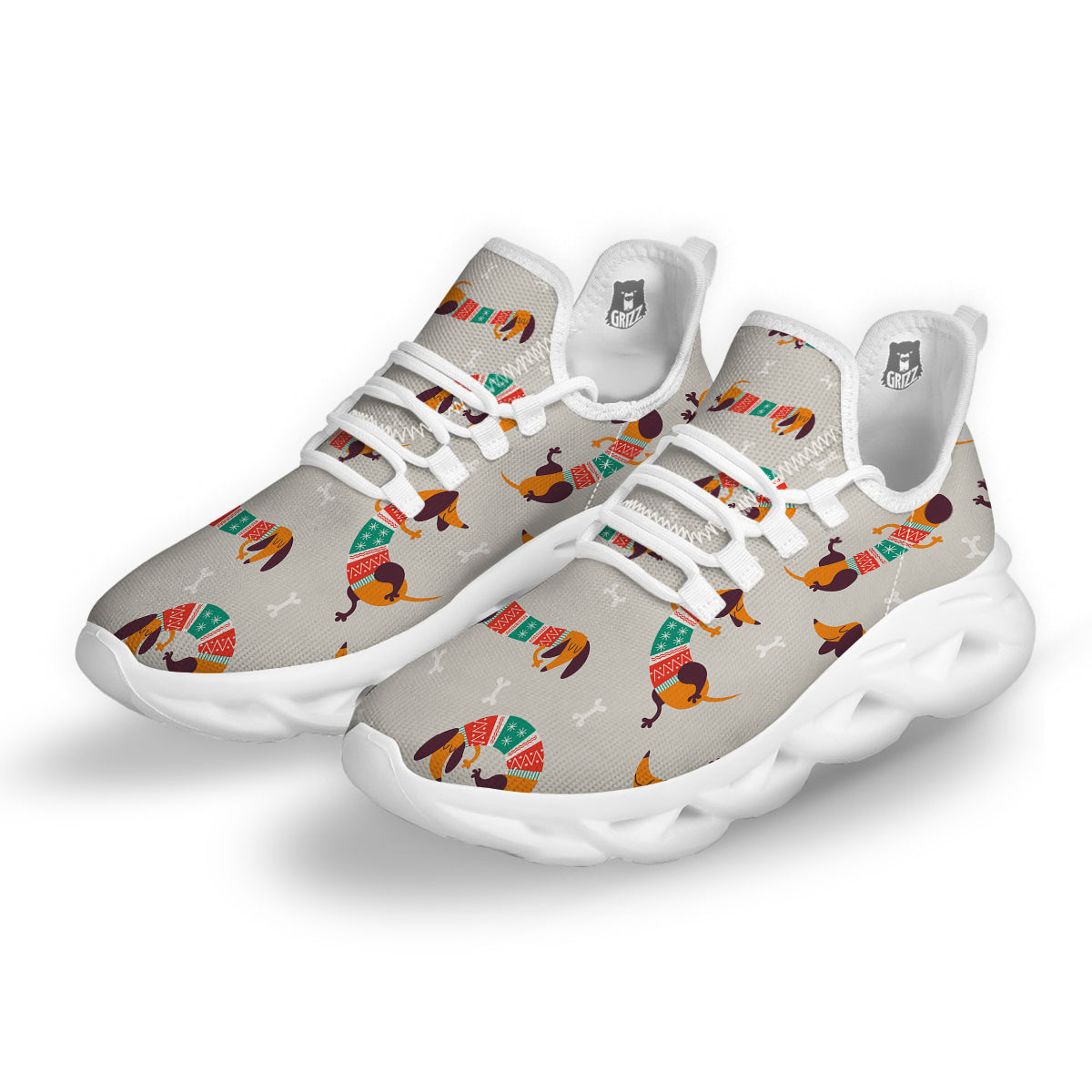 Dachshund Xmas Print Pattern White Running Shoes-grizzshop