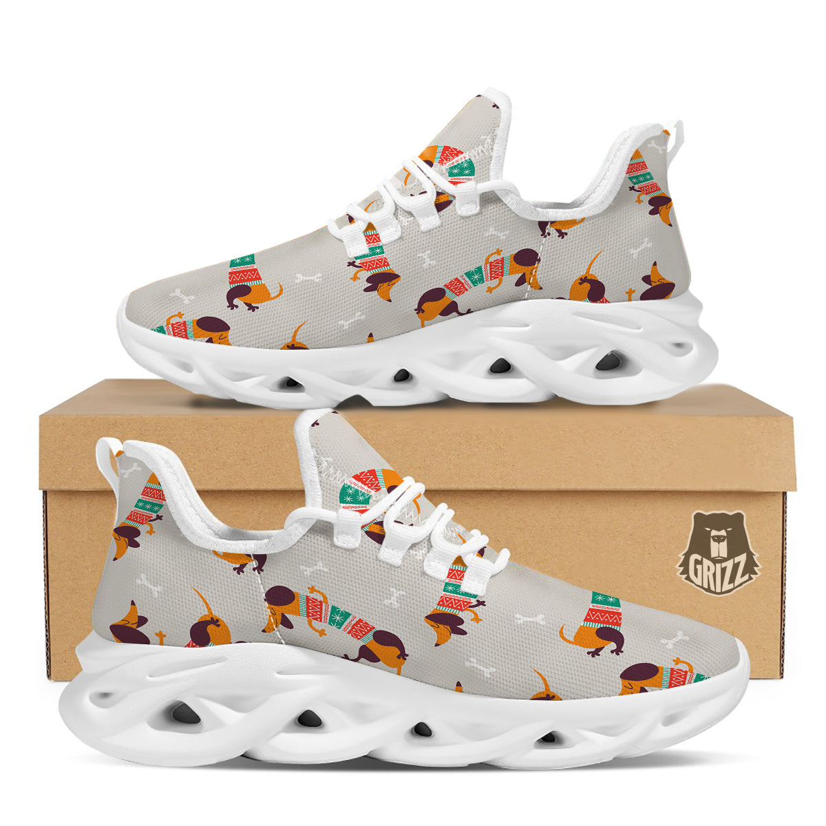 Dachshund Xmas Print Pattern White Running Shoes-grizzshop