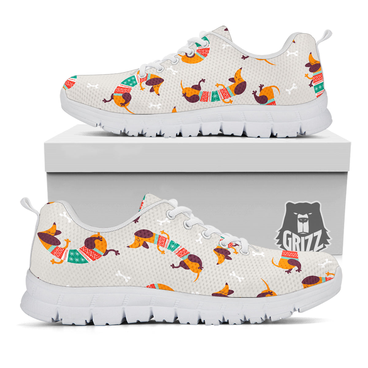 Dachshund Xmas Print Pattern White Sneaker-grizzshop