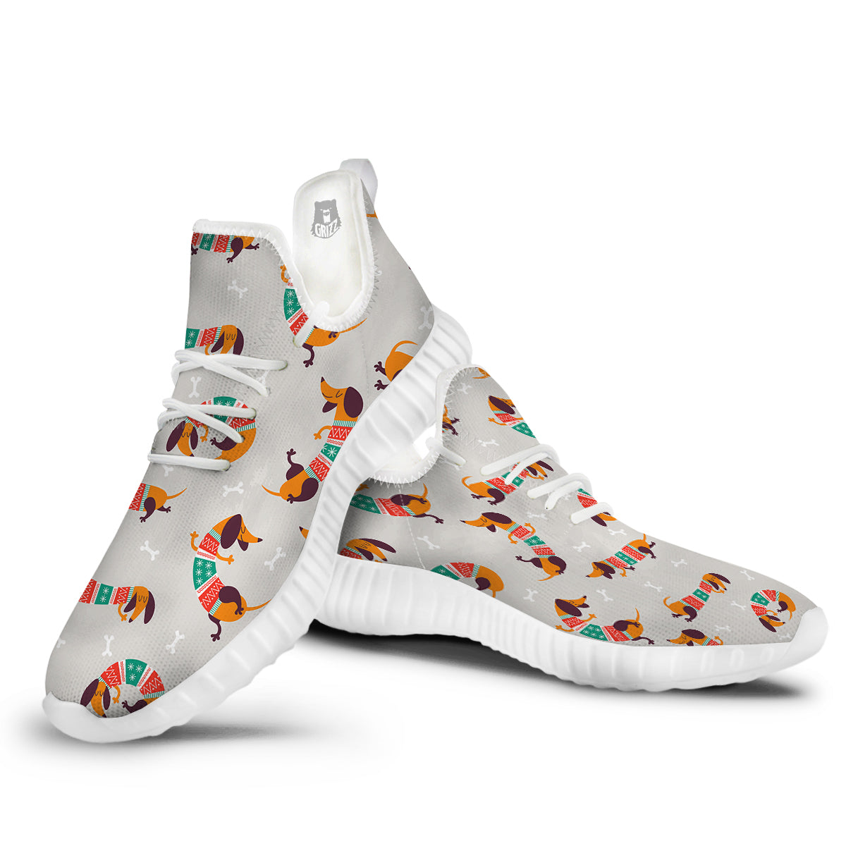 Dachshund Xmas Print Pattern White Walking Shoes-grizzshop
