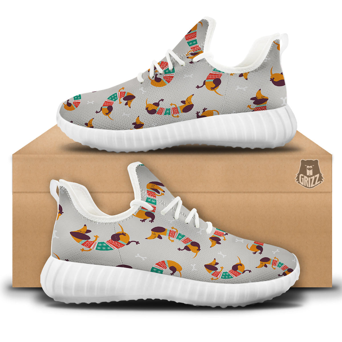 Dachshund Xmas Print Pattern White Walking Shoes-grizzshop