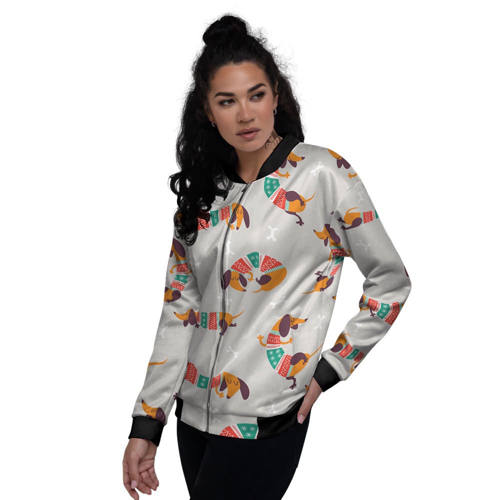 Dachshund Xmas Print Pattern Women's Bomber Jacket-grizzshop