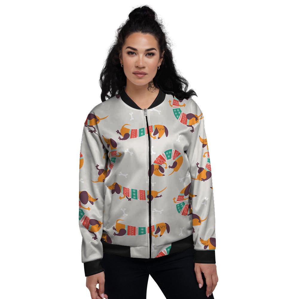 Dachshund Xmas Print Pattern Women's Bomber Jacket-grizzshop