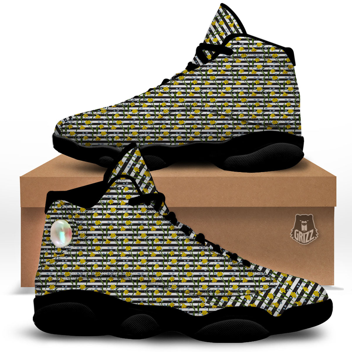 Daffodil Black Striped Print Pattern Black Basketball Shoes-grizzshop