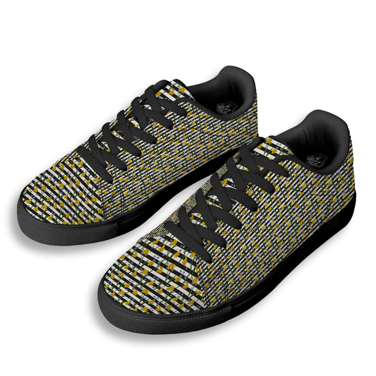 Daffodil Black Striped Print Pattern Black Low Top Sneakers-grizzshop