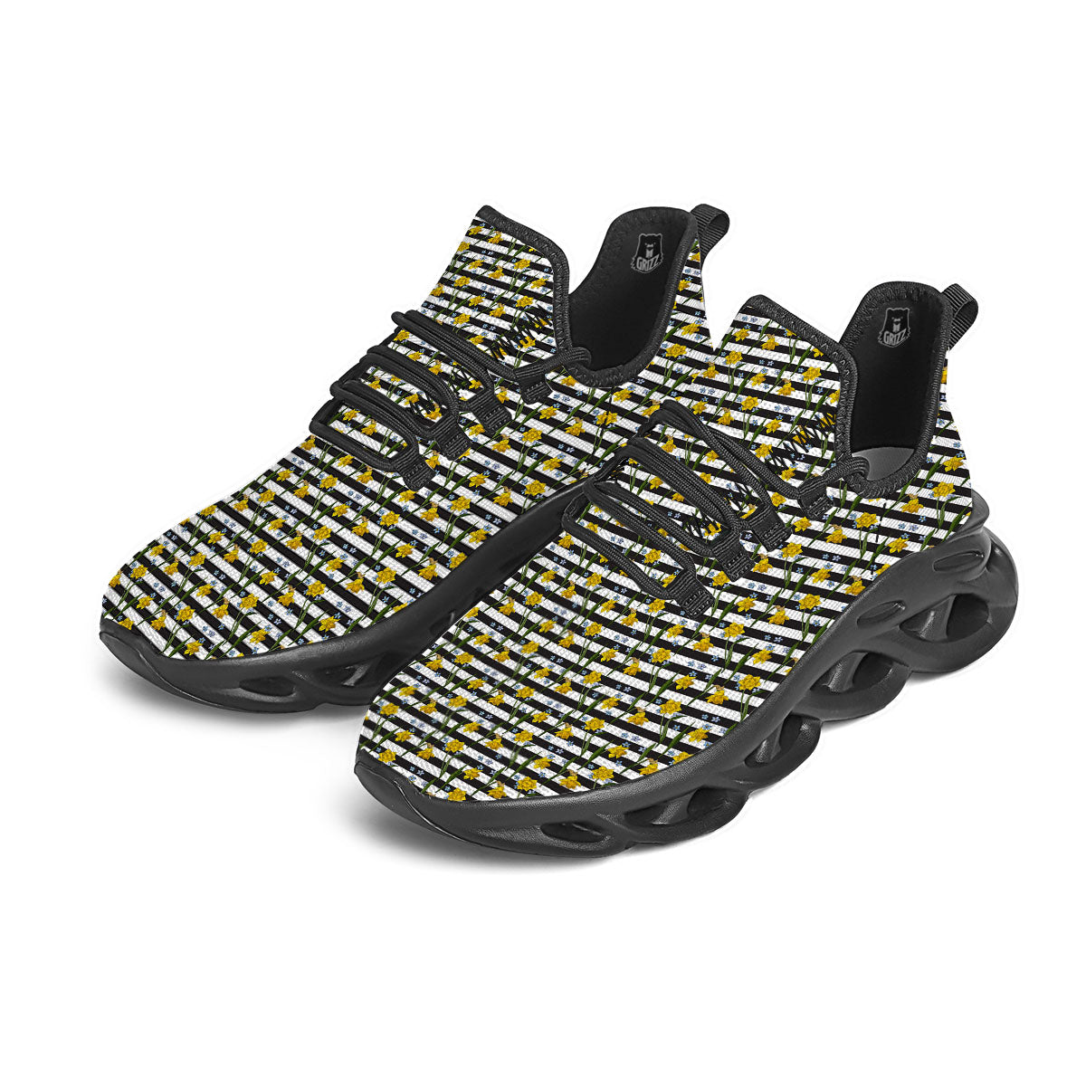 Daffodil Black Striped Print Pattern Black Running Shoes-grizzshop