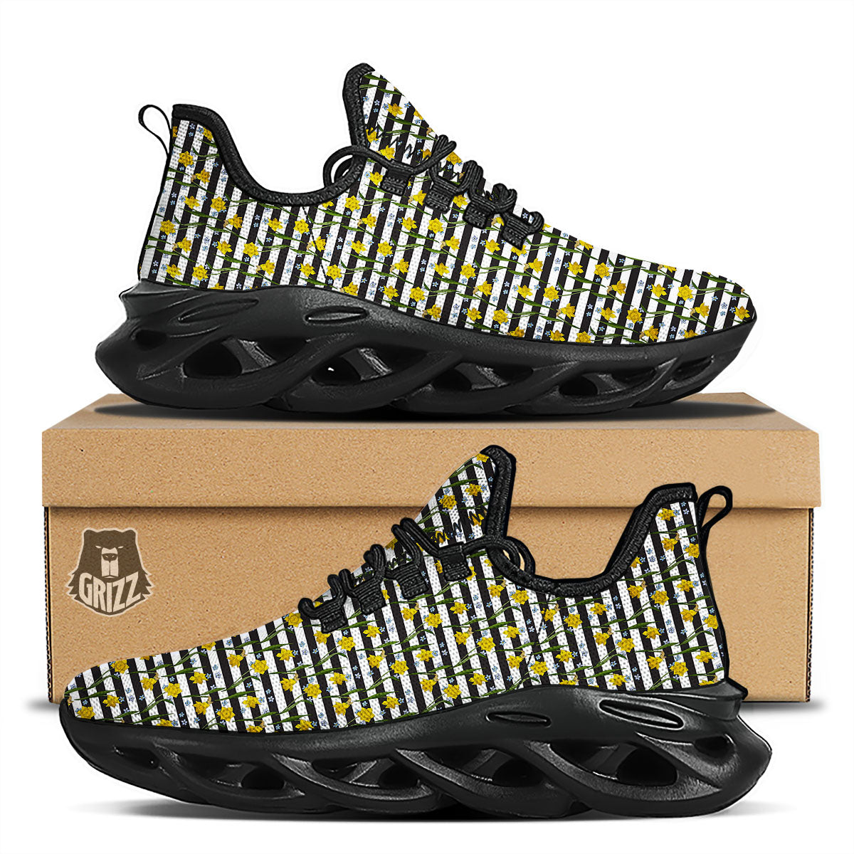 Daffodil Black Striped Print Pattern Black Running Shoes-grizzshop