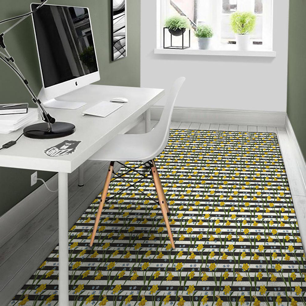 Daffodil Black Striped Print Pattern Floor Mat-grizzshop