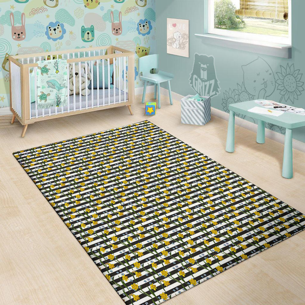 Daffodil Black Striped Print Pattern Floor Mat-grizzshop
