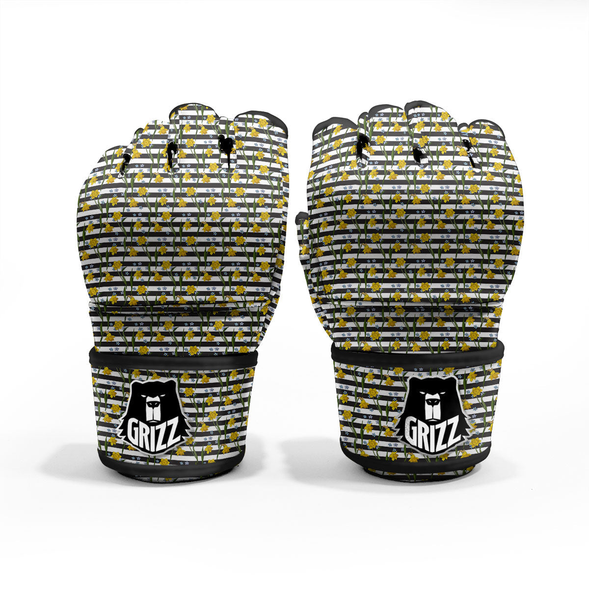 Daffodil Black Striped Print Pattern MMA Gloves-grizzshop