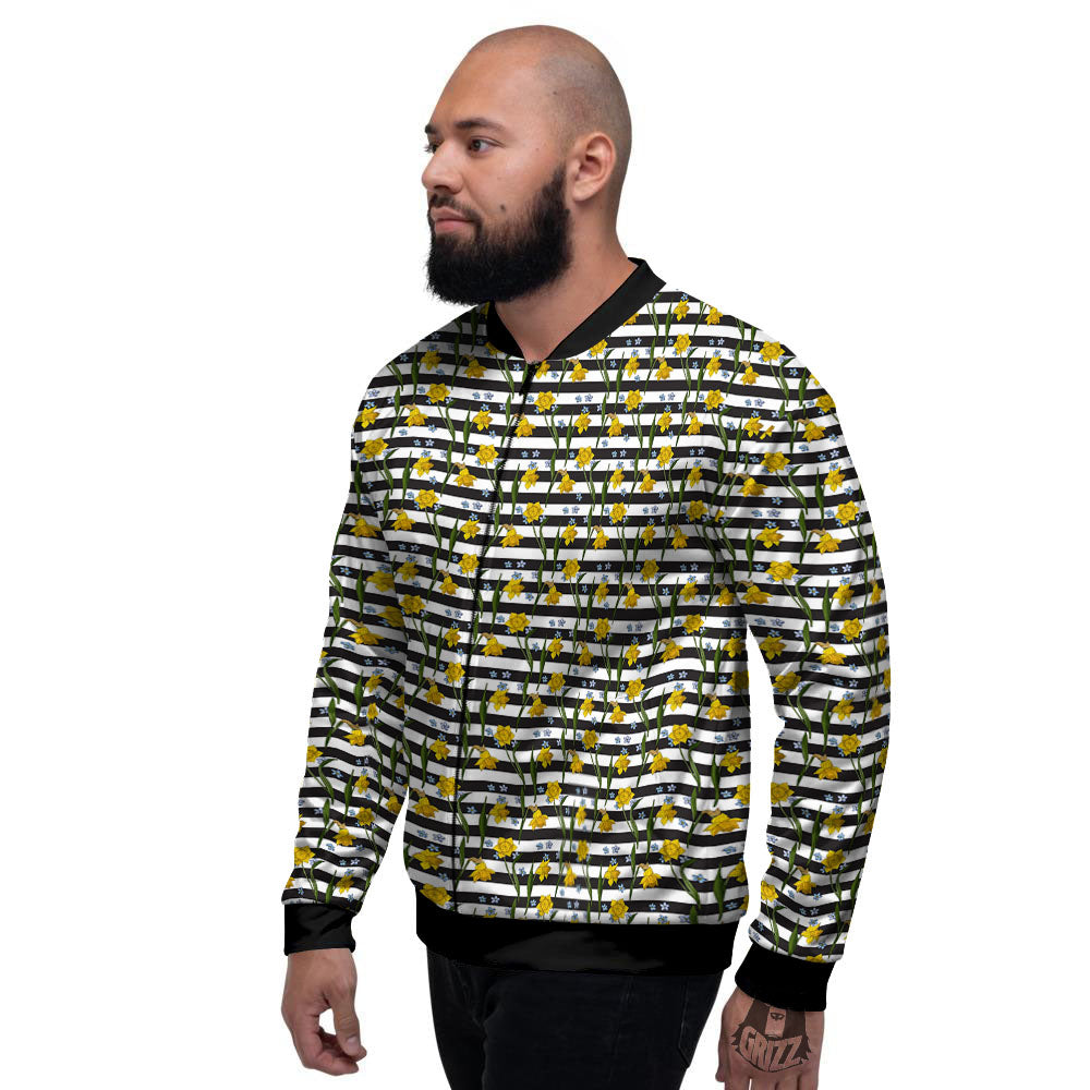 Daffodil Black Striped Print Pattern Men's Bomber Jacket-grizzshop