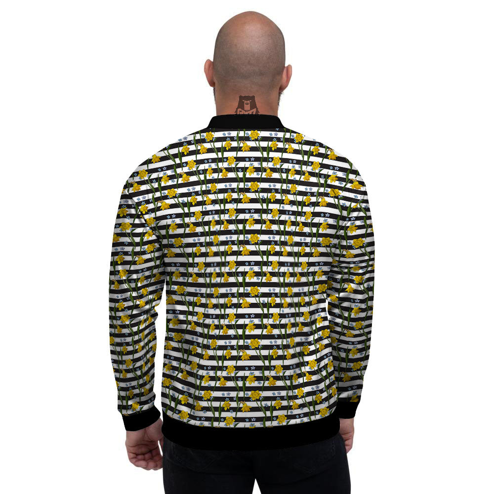 Daffodil Black Striped Print Pattern Men's Bomber Jacket-grizzshop