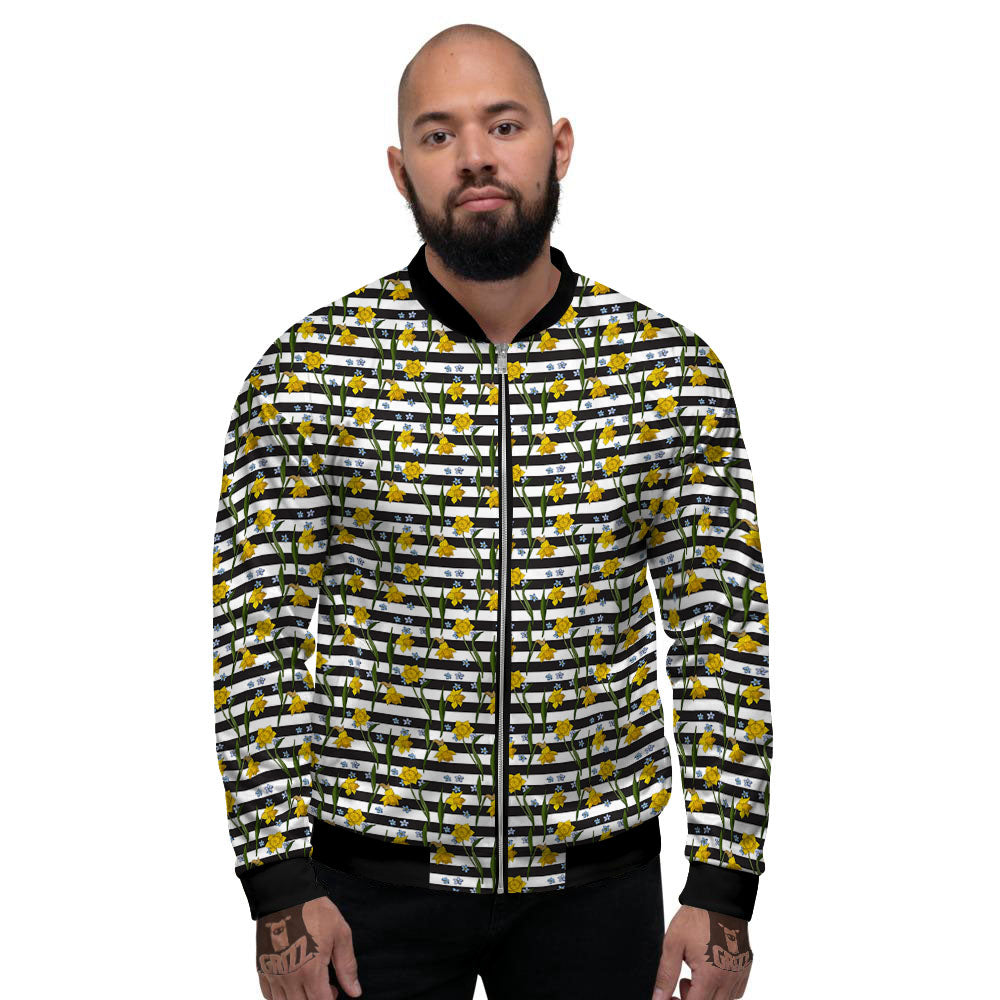 Daffodil Black Striped Print Pattern Men's Bomber Jacket-grizzshop
