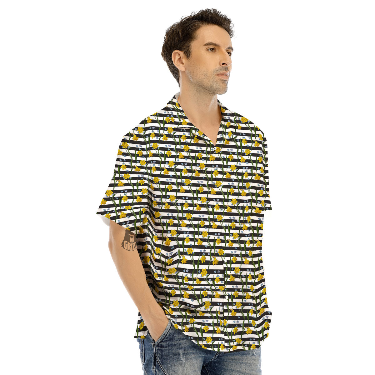 Daffodil Black Striped Print Pattern Men's Hawaiian Shirt-grizzshop