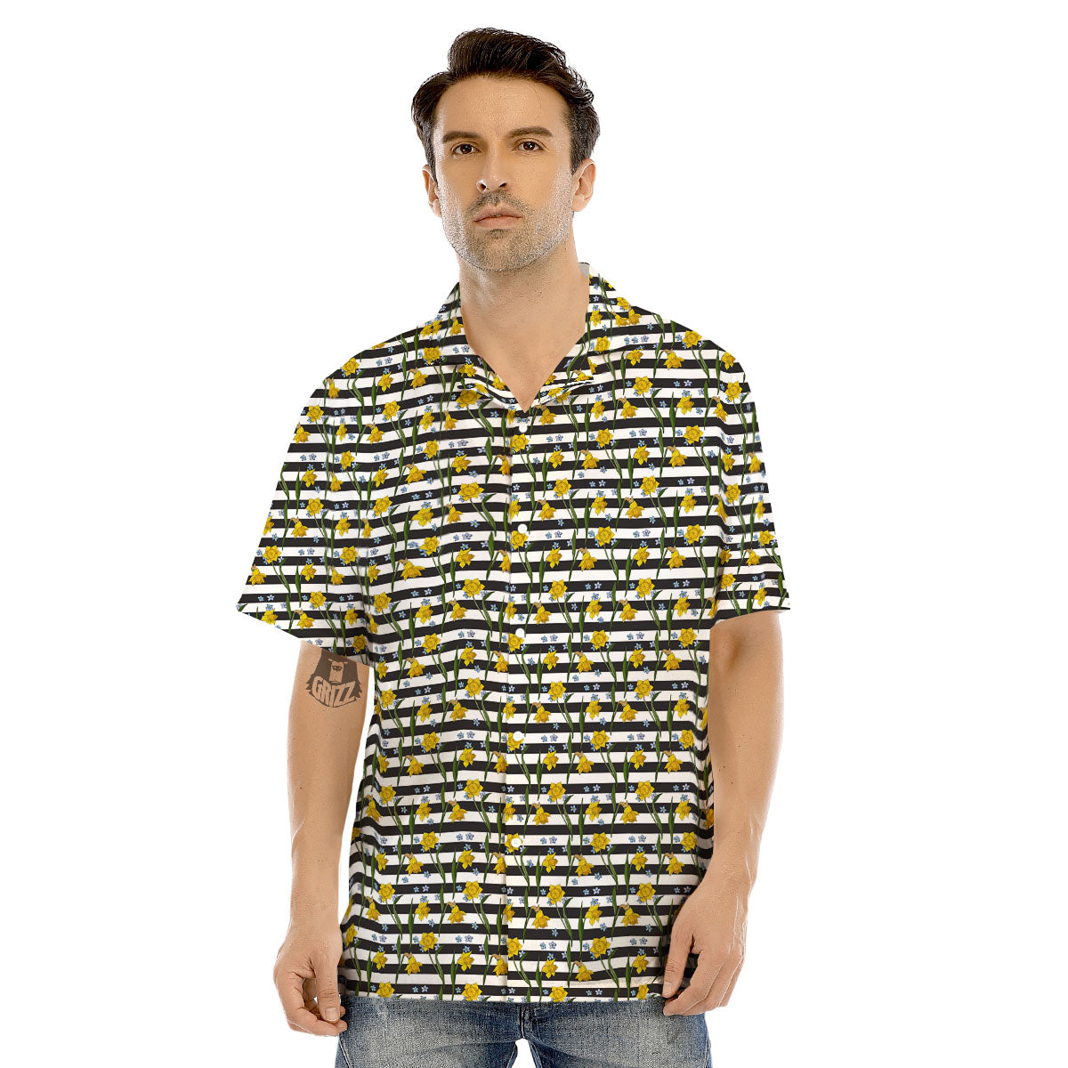 Daffodil Black Striped Print Pattern Men's Hawaiian Shirt-grizzshop