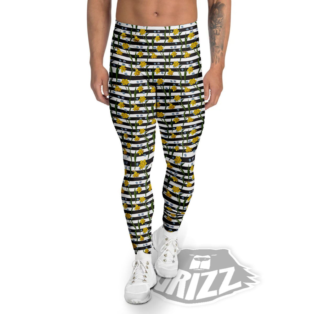 Daffodil Black Striped Print Pattern Men's Leggings-grizzshop
