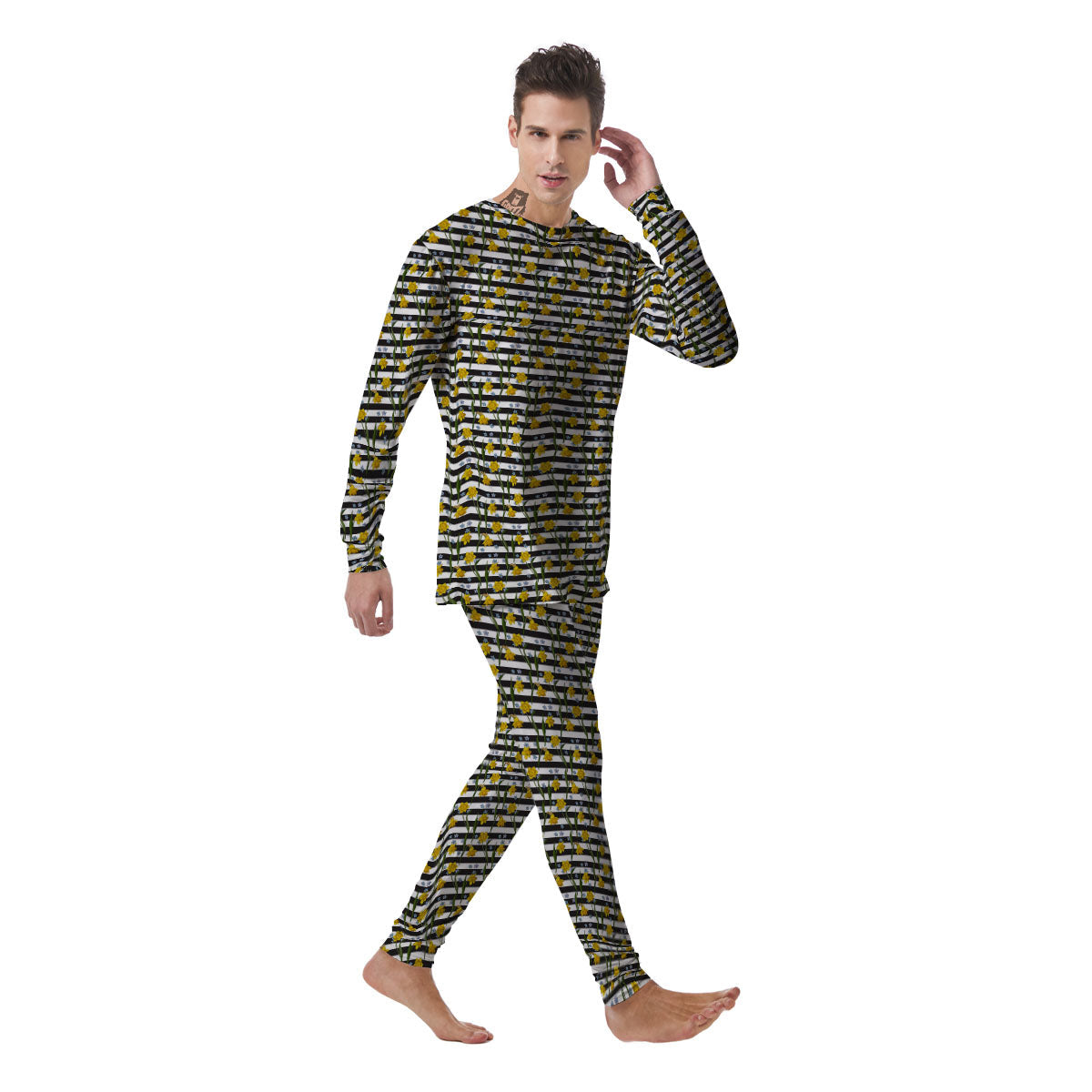 Daffodil Black Striped Print Pattern Men's Pajamas-grizzshop