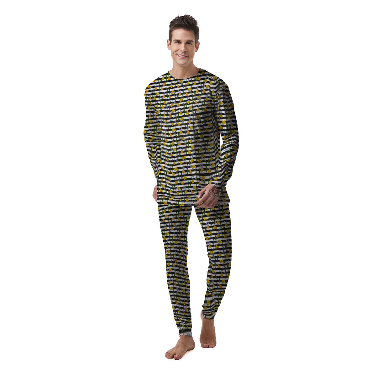 Daffodil Black Striped Print Pattern Men's Pajamas-grizzshop