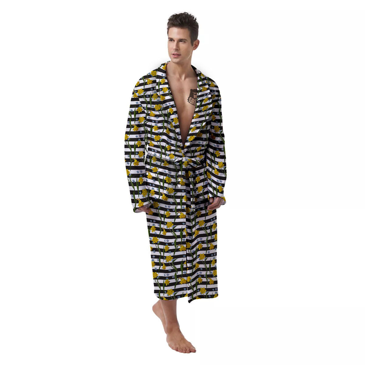 Daffodil Black Striped Print Pattern Men's Robe-grizzshop
