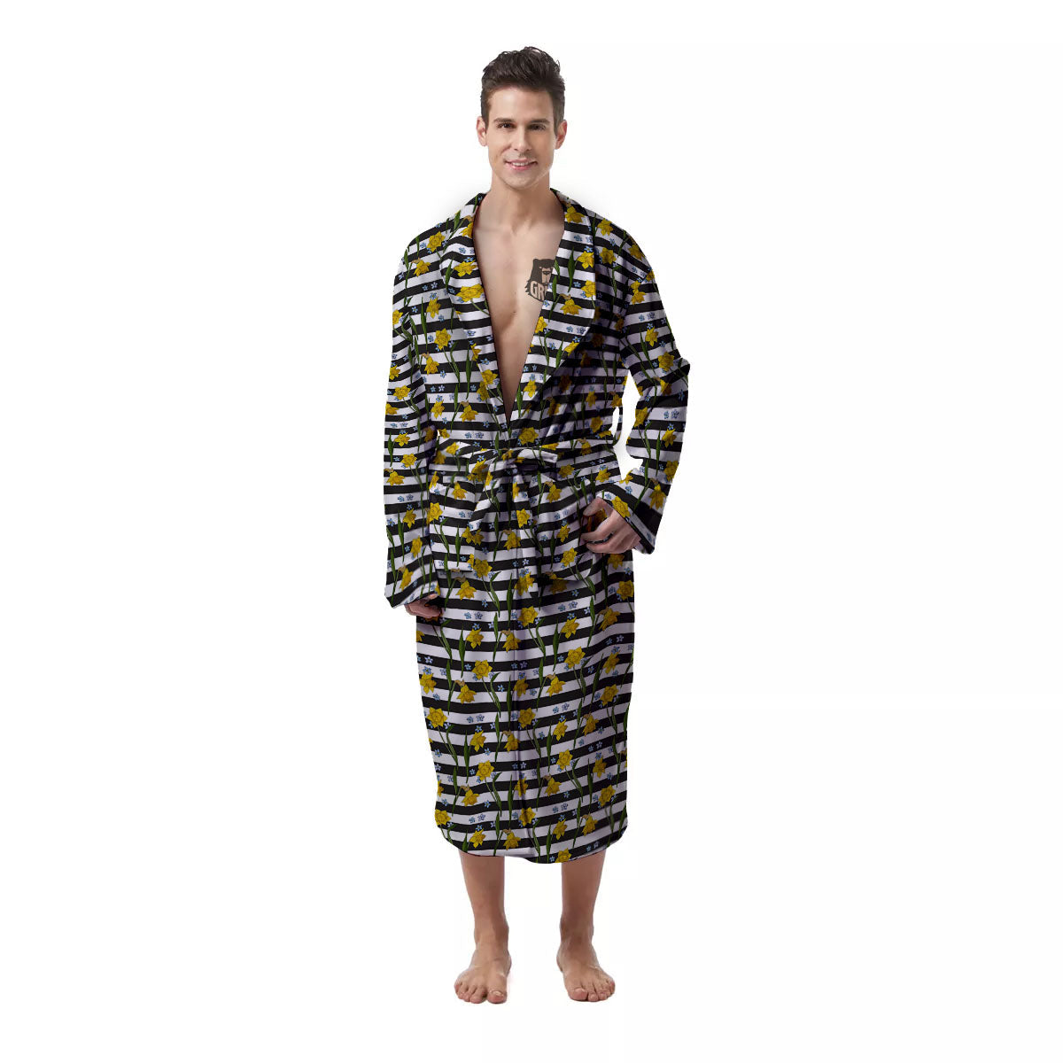 Daffodil Black Striped Print Pattern Men's Robe-grizzshop