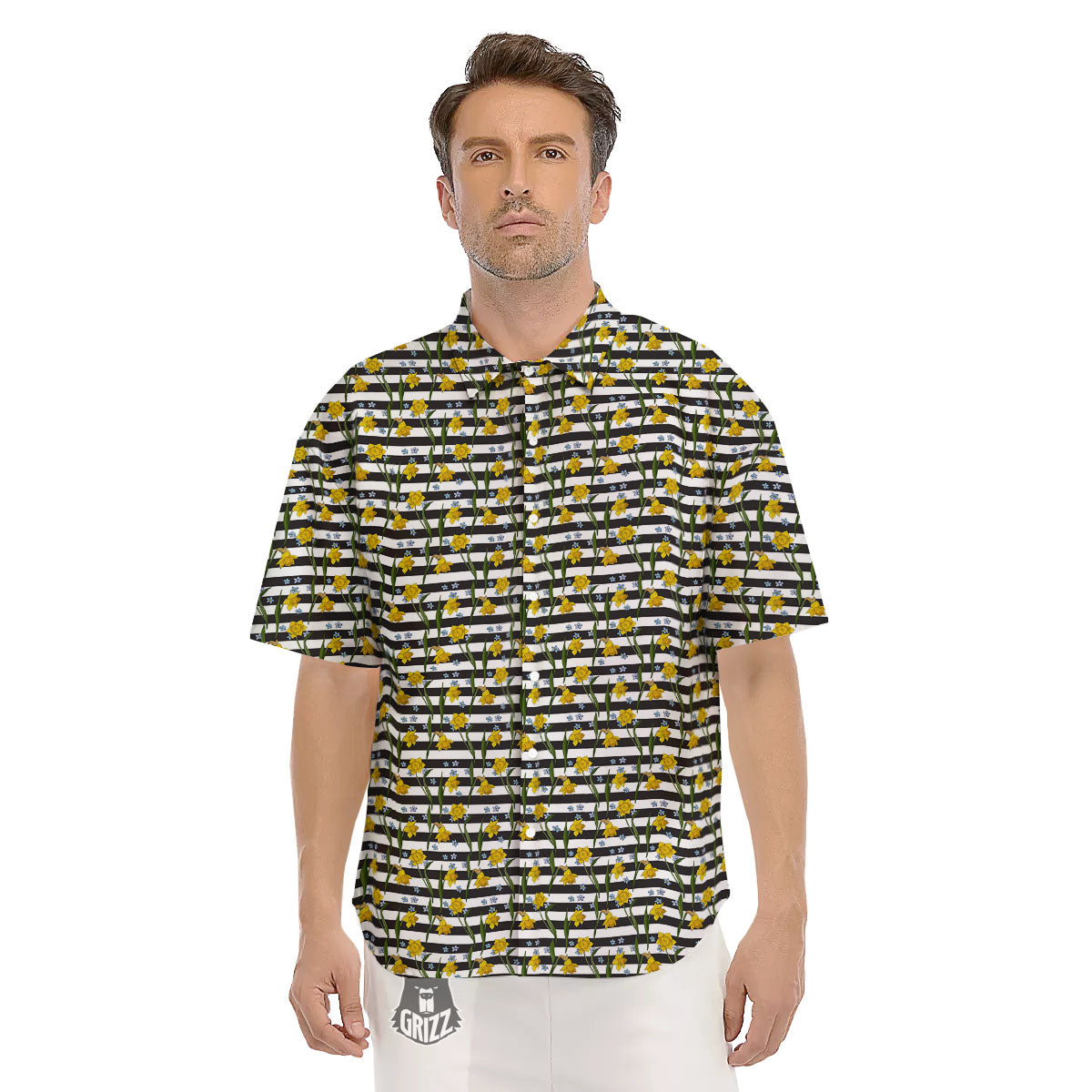 Daffodil Black Striped Print Pattern Men's Short Sleeve Shirts-grizzshop