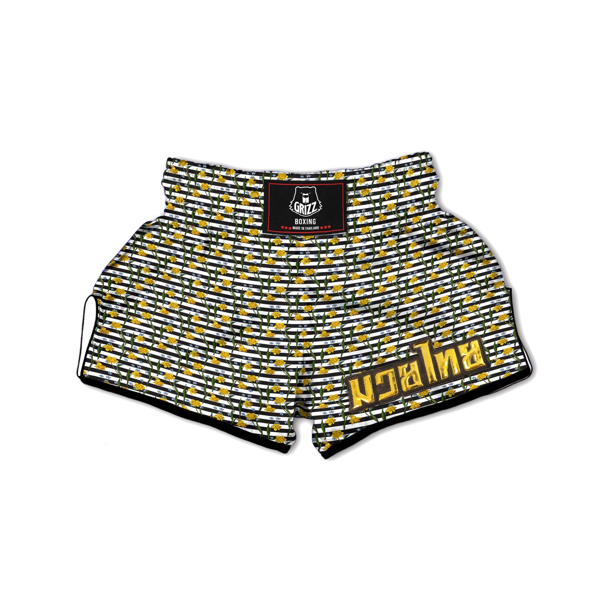 Daffodil Black Striped Print Pattern Muay Thai Boxing Shorts-grizzshop