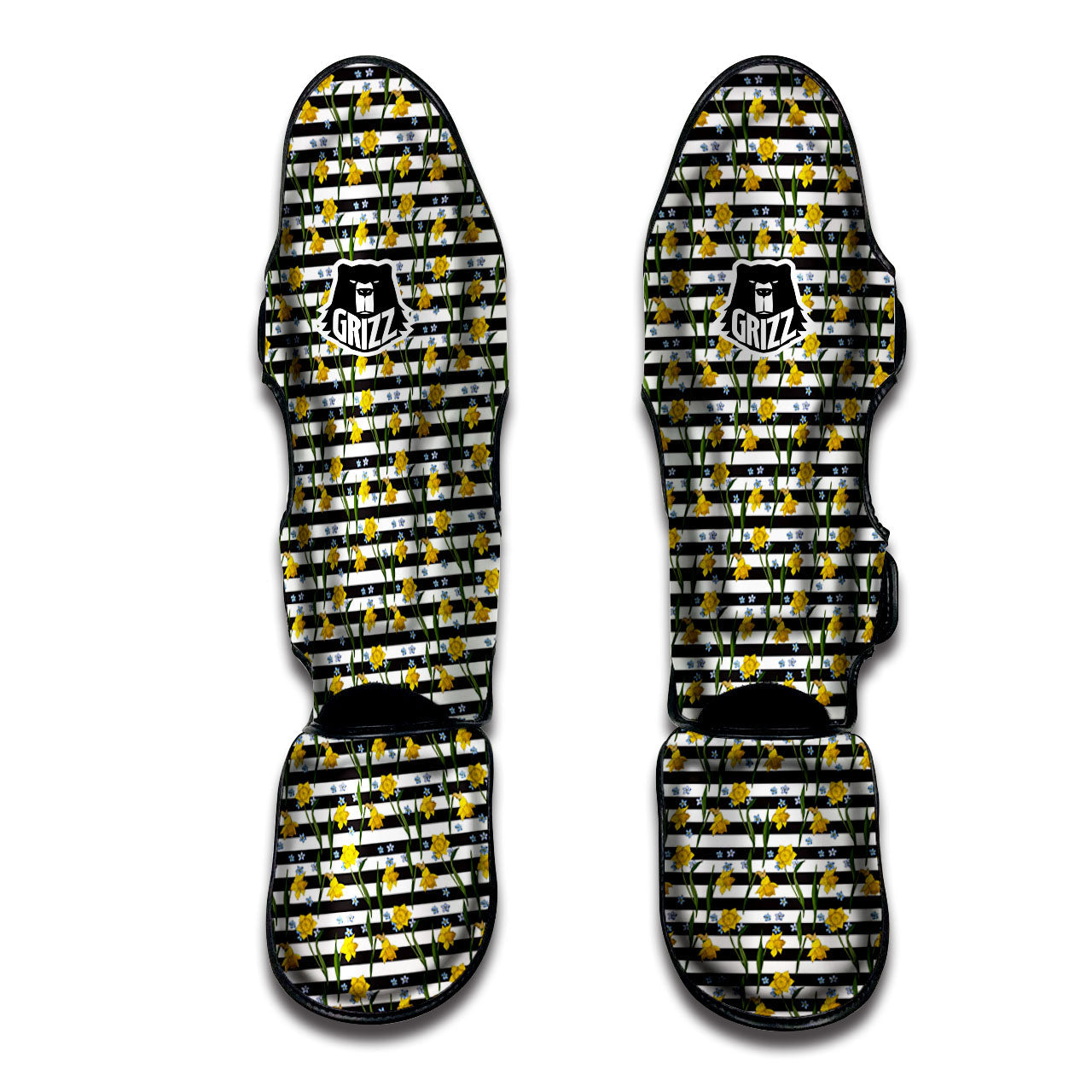 Daffodil Black Striped Print Pattern Muay Thai Shin Guards-grizzshop