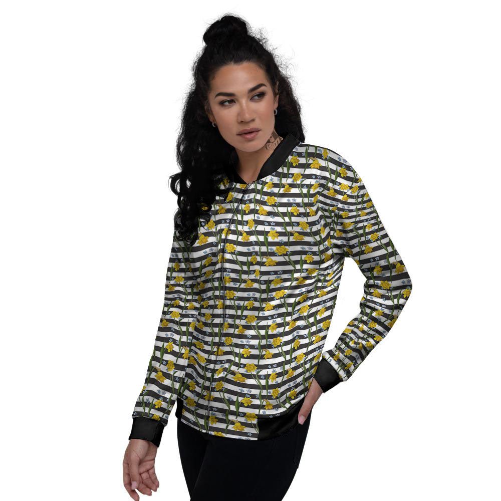 Daffodil Black Striped Print Pattern Women's Bomber Jacket-grizzshop