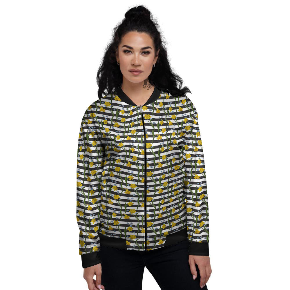 Daffodil Black Striped Print Pattern Women's Bomber Jacket-grizzshop